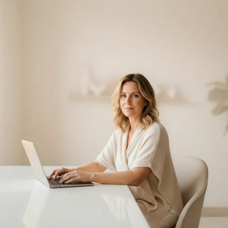 Calm woman sitting comfortably at home in soft natural morning light, expressing comfort and relief