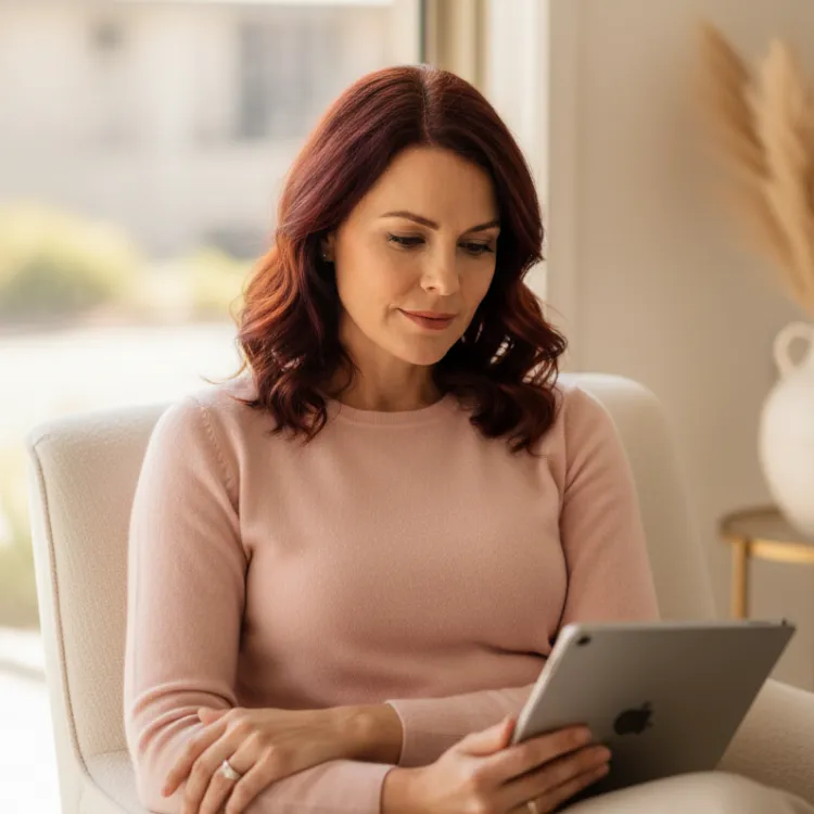 Calm woman sitting comfortably at home in soft natural morning light, expressing comfort and relief