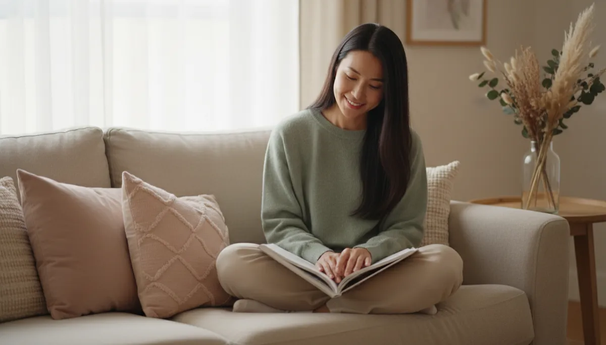 Woman sitting on linen sofa reading in calm home setting — Kylie Sayce NP blog on Lactobacillus and vaginal microbiome
