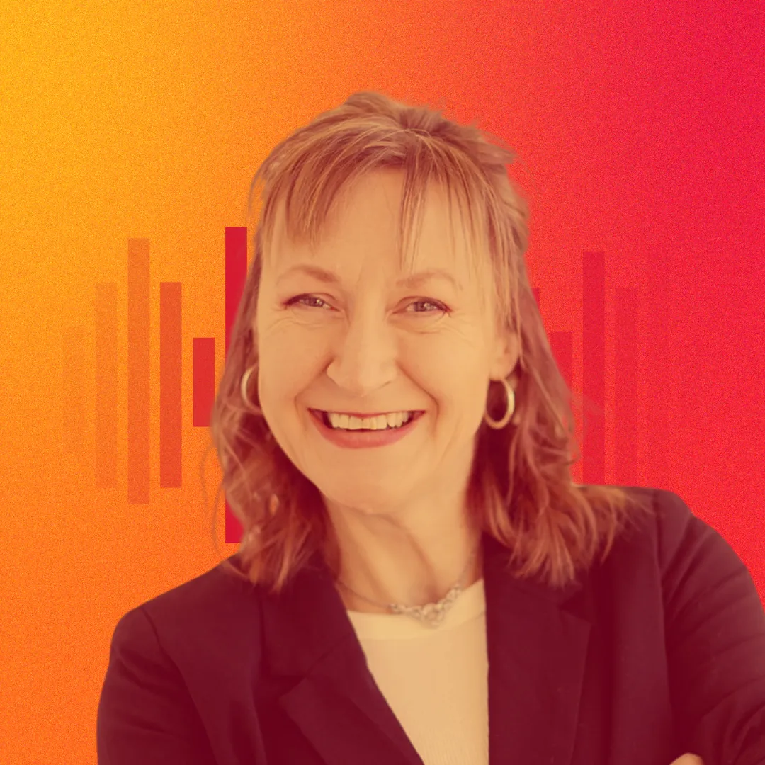 This is a image of CEO & Founder Sarah in front of branded colors. 