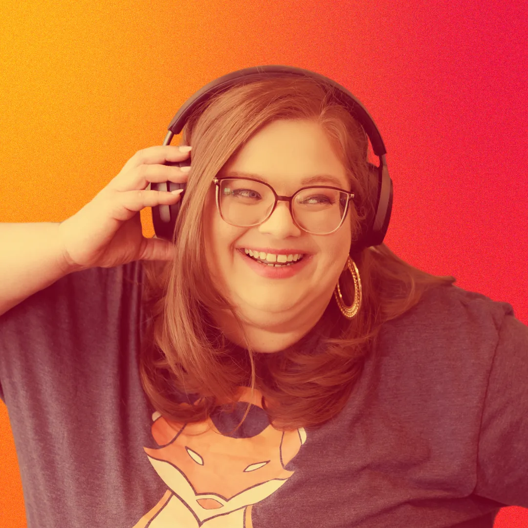 This is a image of CEO & Founder Sarah in front of branded colors. 