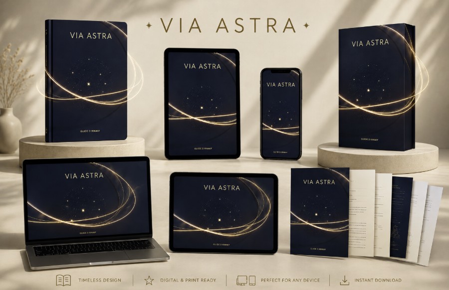 A premium 3D mockup of the Via Astra Guide framed in soft light trails