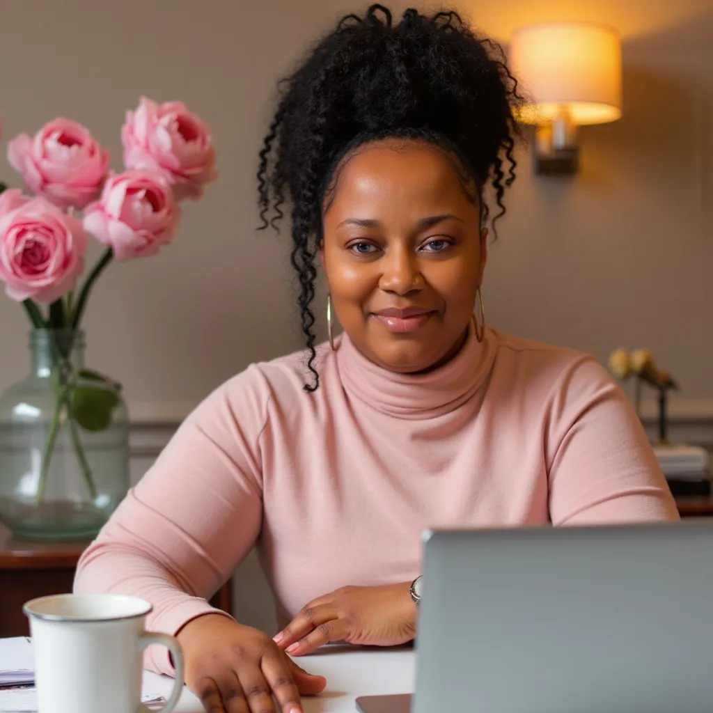 GiGi Sheppard, ADHD productivity coach, smiling at her desk