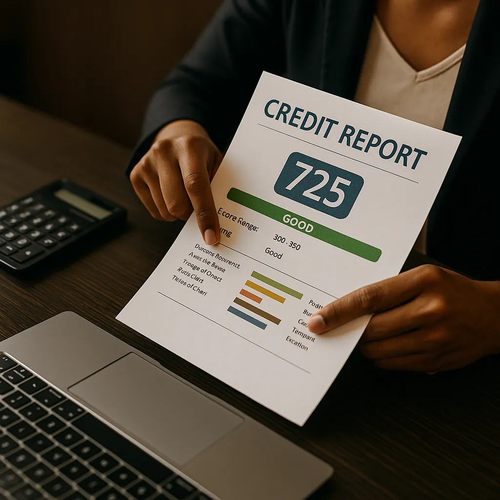 Professional consultant reviewing a printed credit report at a dark desk with a laptop and notes.