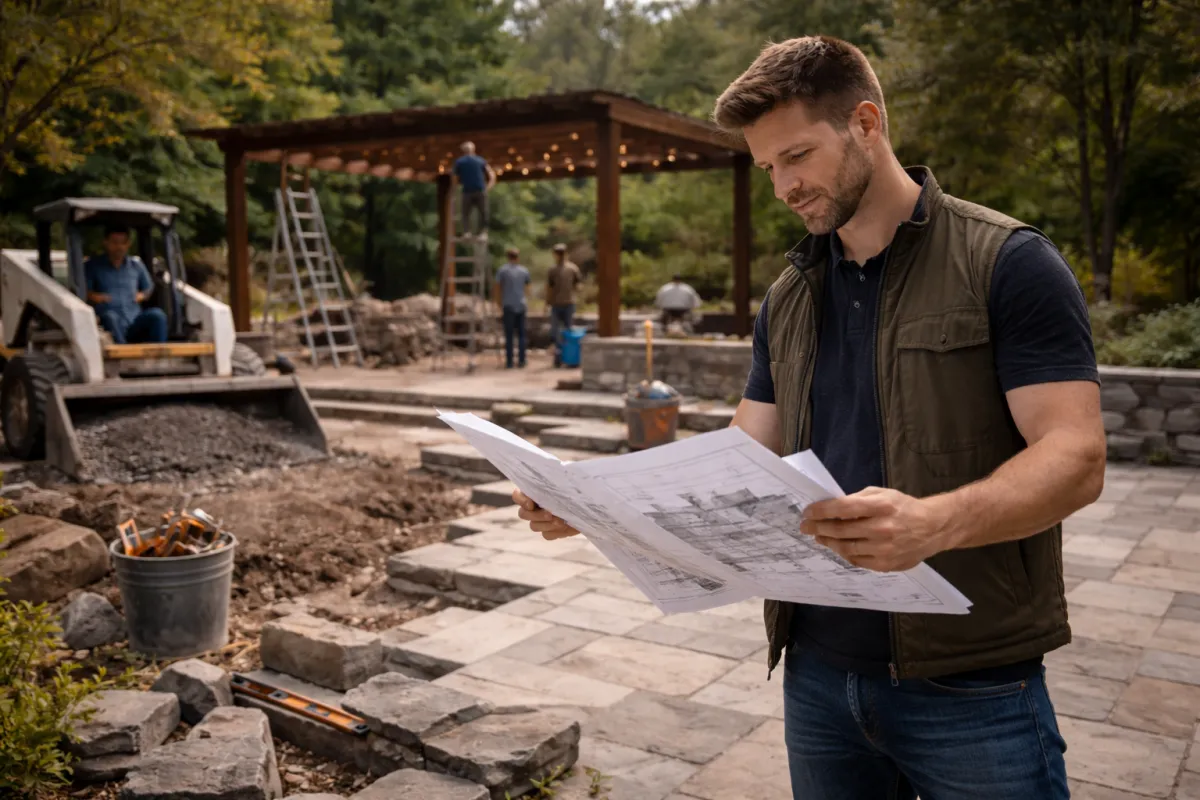 Contractor revieing plans of outdoor project while workers complete tasks in background.