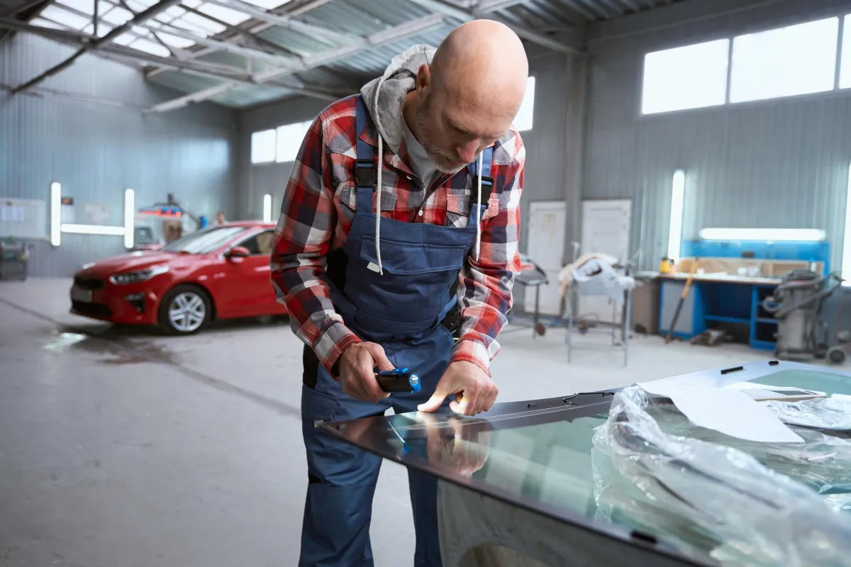 Auto glass worker checking windshield for cracks.