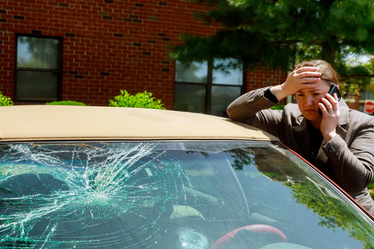 Woman standing beside her car on the phone looking frustrated that her car windshield is cracked