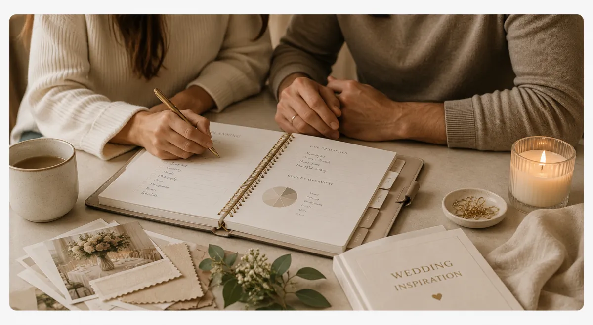 Couple planning their wedding together with a wedding planner, budget pages and inspiration materials.