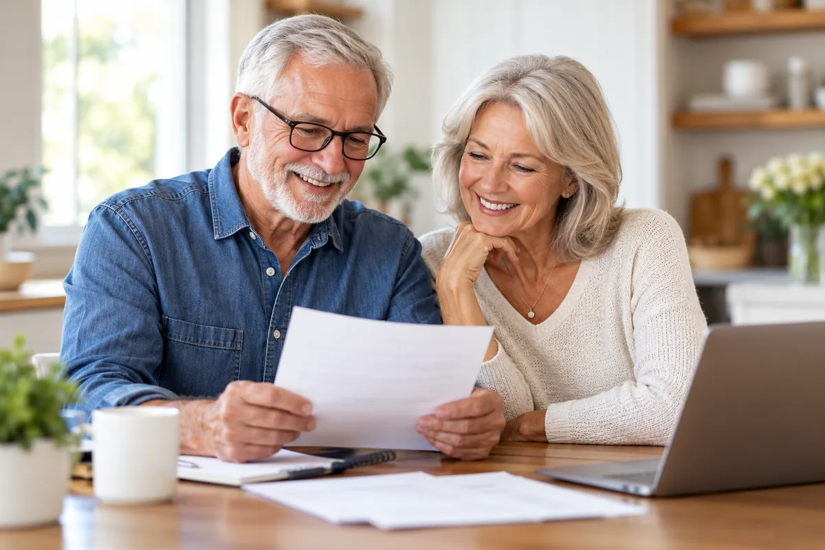 An older couple smiling happily while looking at a laptop screen together