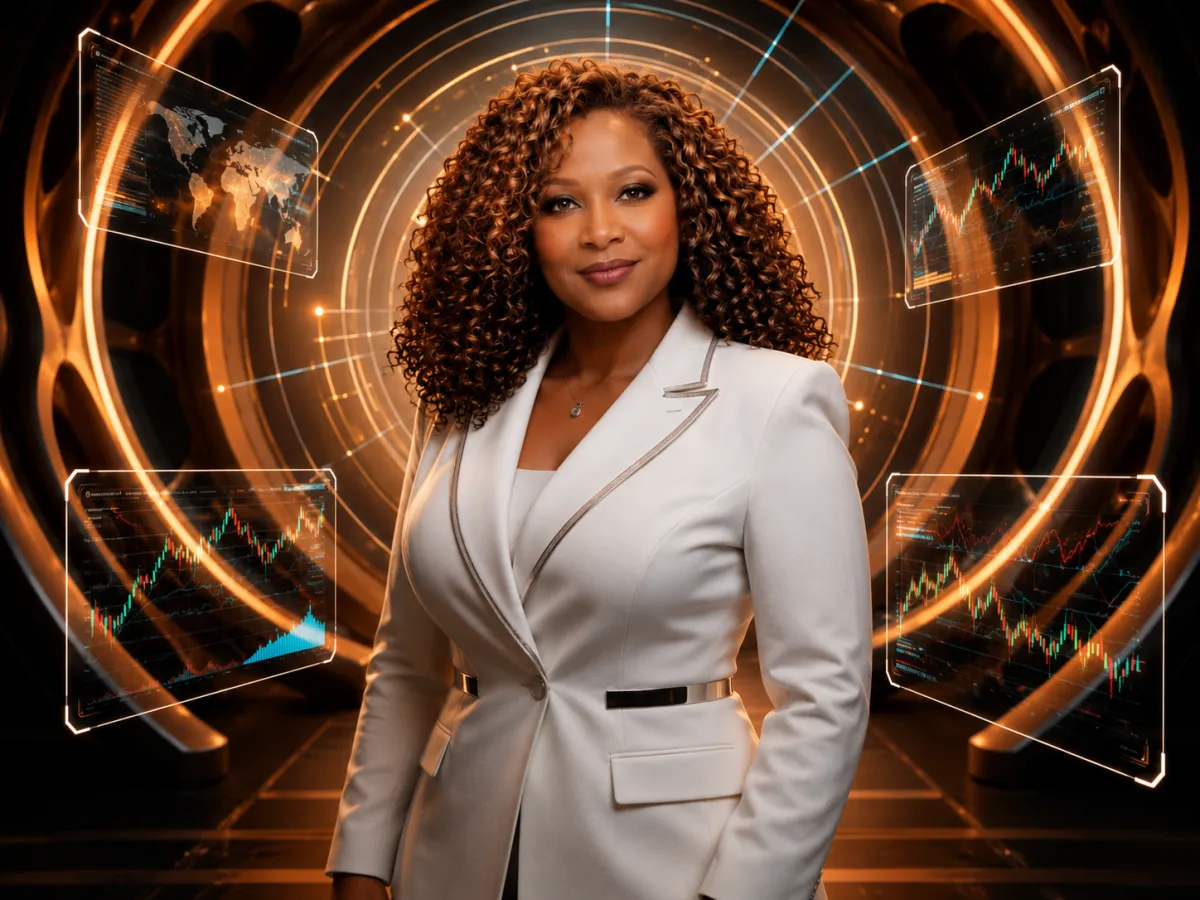 Brenda Brandon in a warm futuristic AI environment blending financial dashboards and holographic credit analytics