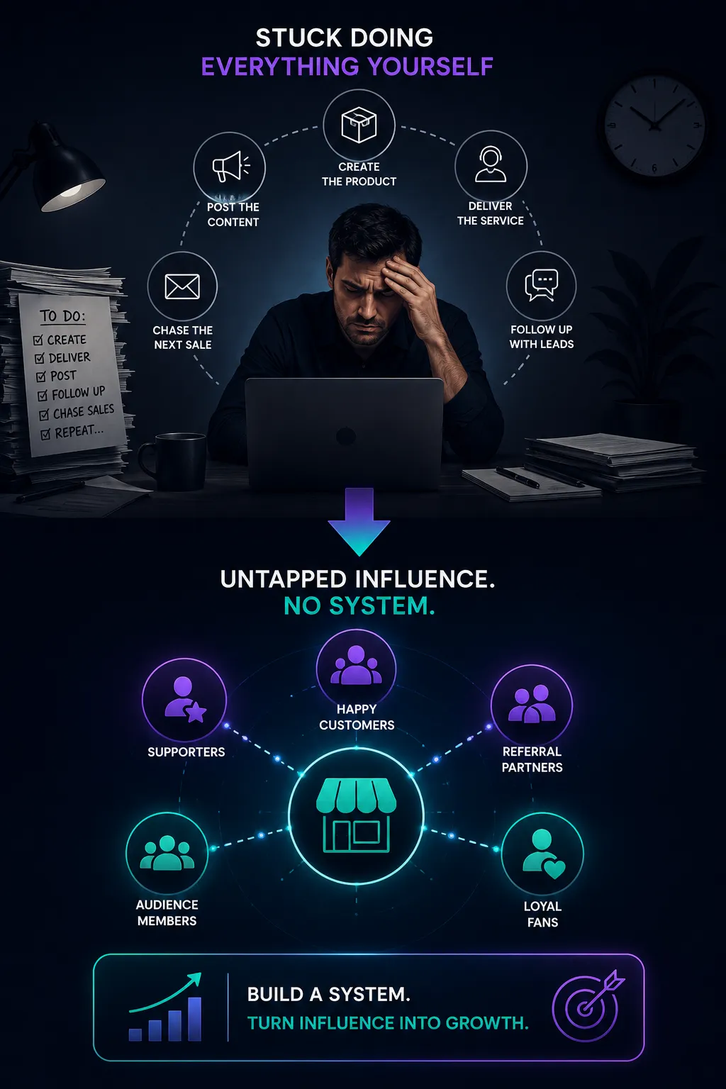 Overwhelmed entrepreneur solo selling