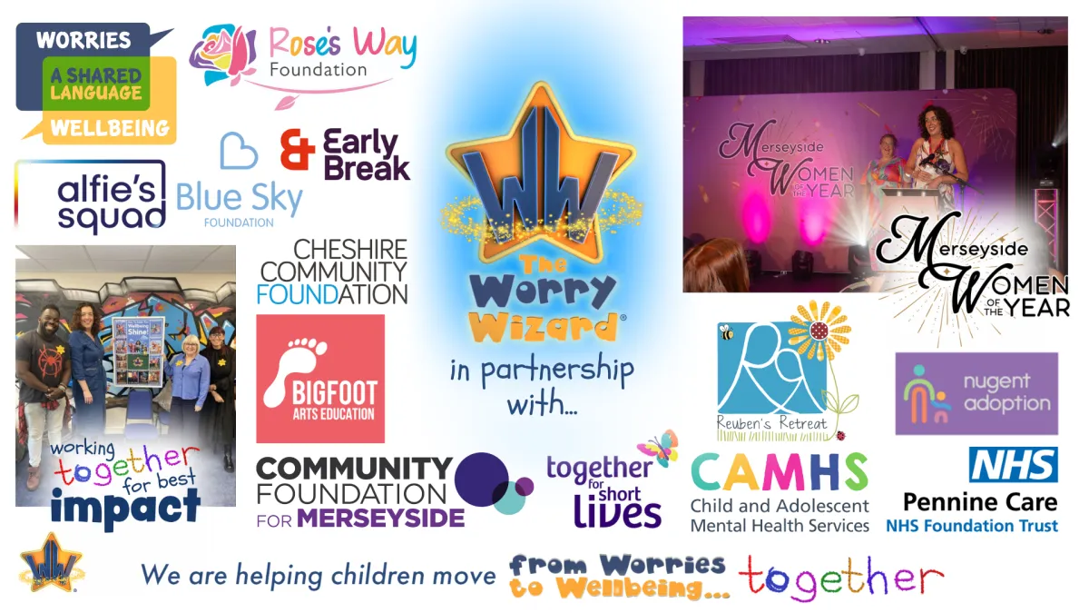 The Worry Wizard in partnership with organisations including the NHS, CAMHS, Cheshire Community Foundation, and Reuben's Retreat, alongside Amy Smythe receiving the Merseyside Woman of the Year award — a trusted, therapy-informed platform helping children and the grownups around them move from worries to wellbeing, together.