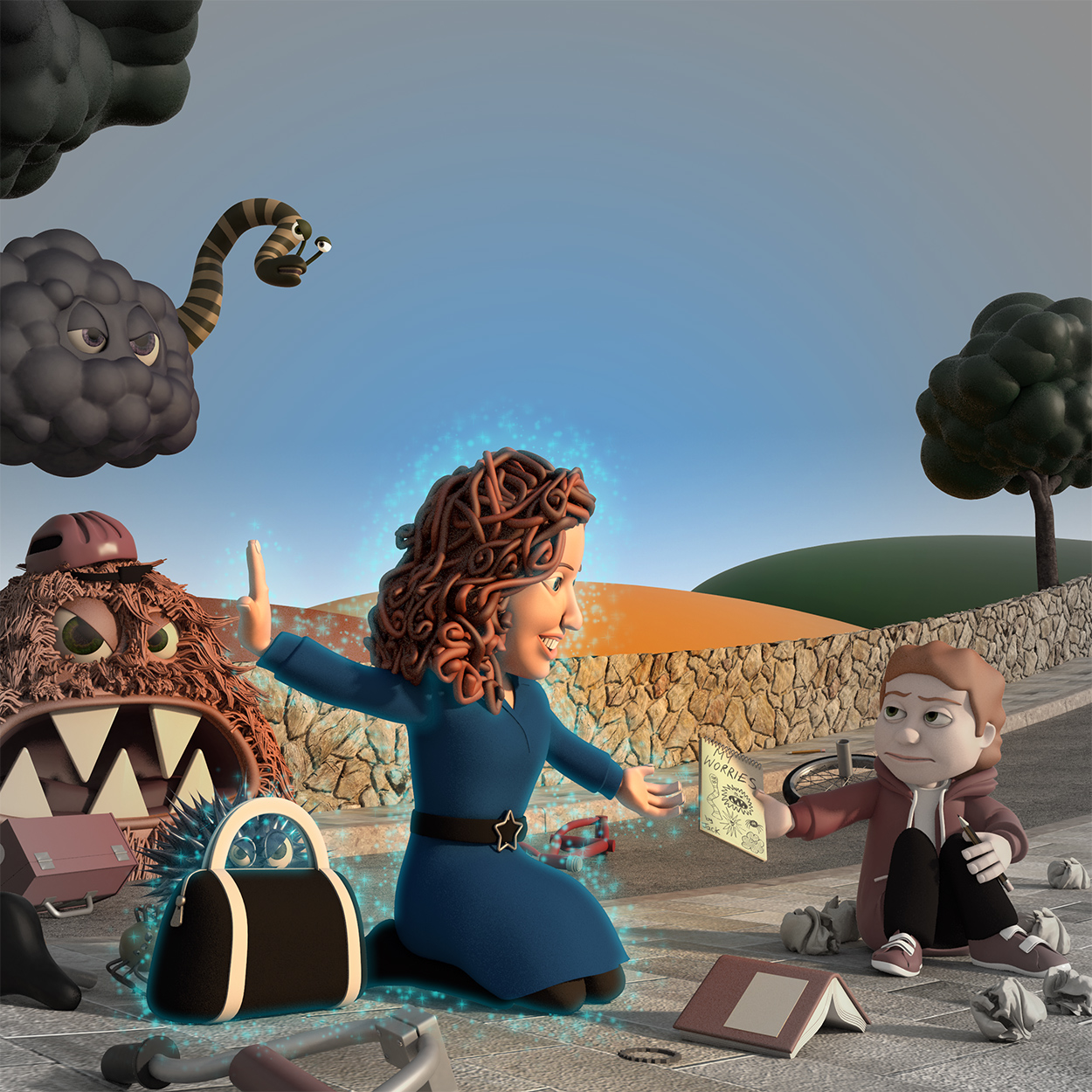 The Worry Wizard character kneeling alongside a child surrounded by worry characters, offering understanding rather than fixing — from The Worry Wizard, supporting grownups and children to move from worries to wellbeing together.