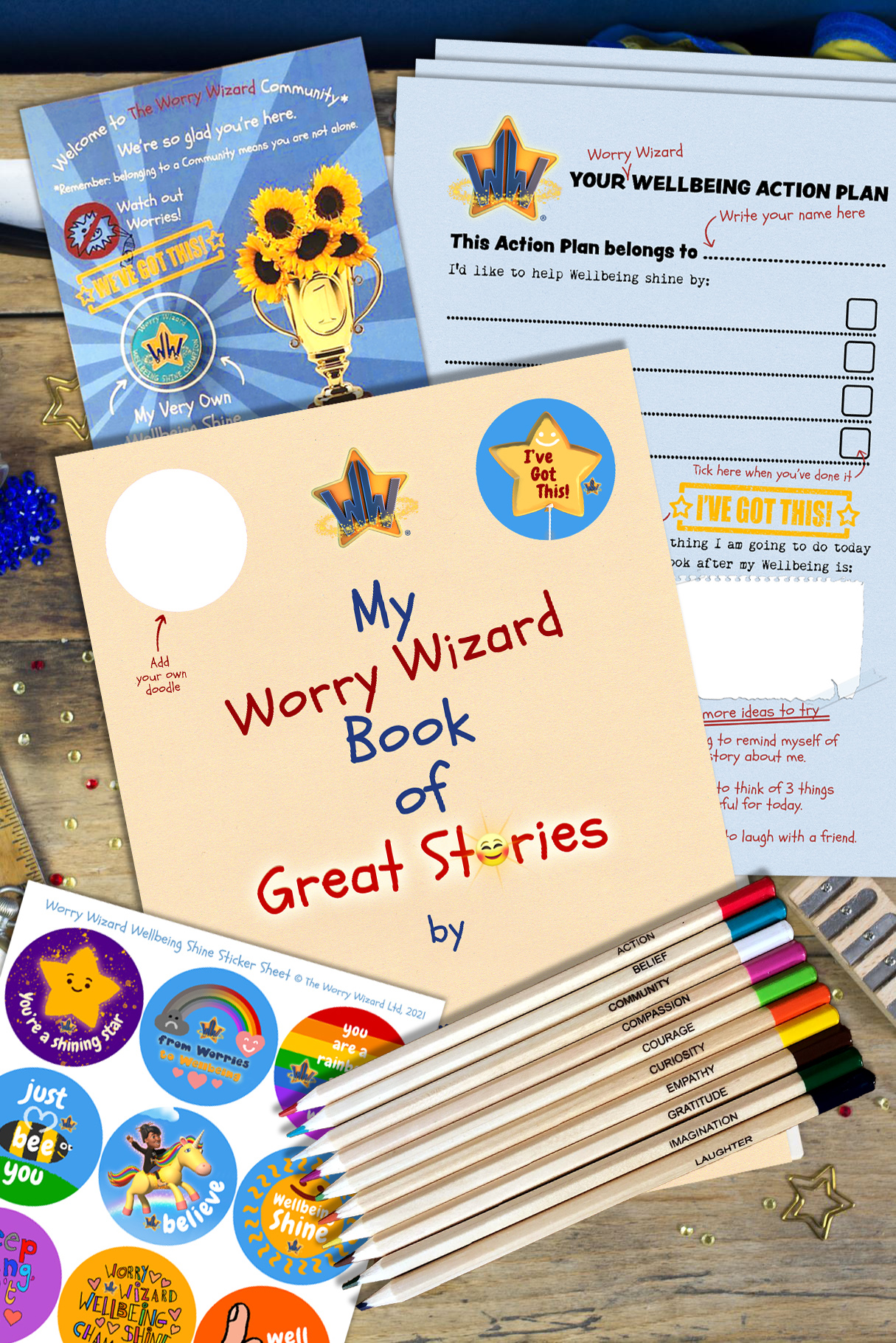 The Worry Wizard Book of Great Stories alongside wellbeing resources, stickers, and pencils — therapy-informed tools to help children aged 5 to 11 and the grownups around them build a shared language for worries and wellbeing.