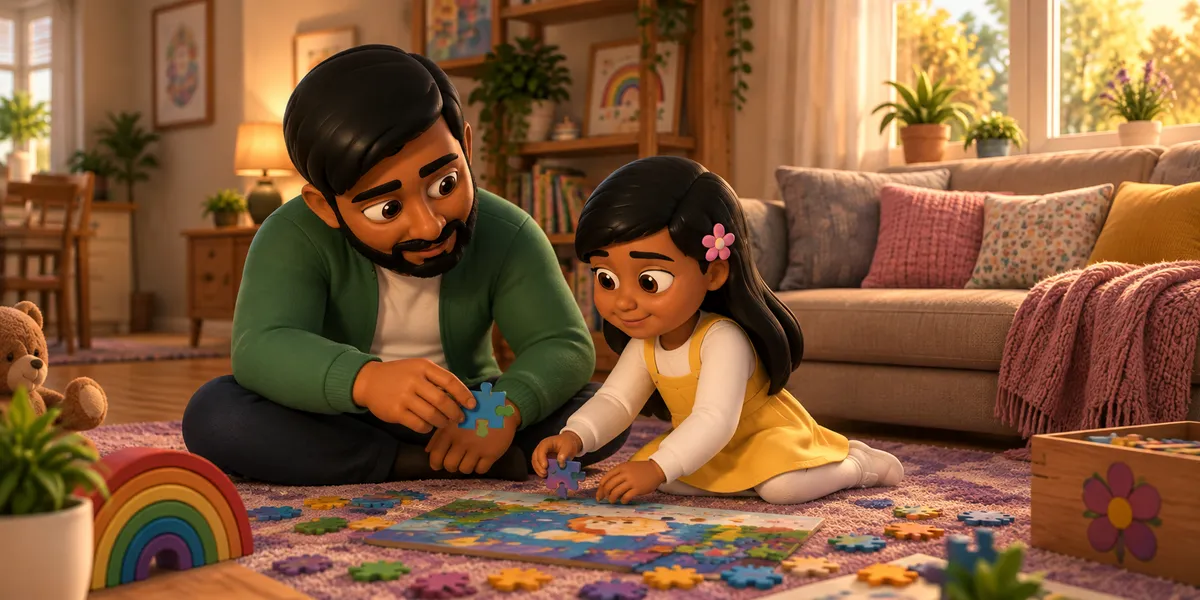 A grownup and child sitting side by side during a quiet moment at home