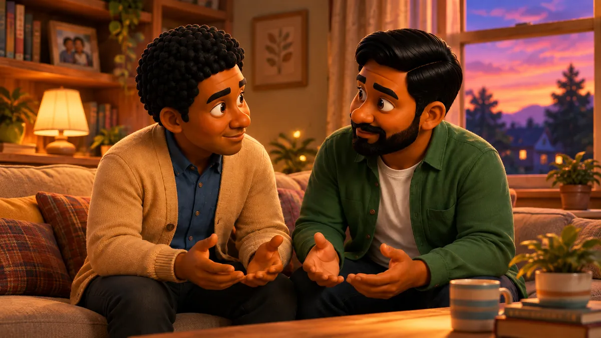 Two people sitting together in quiet conversation, one listening closely to the other.