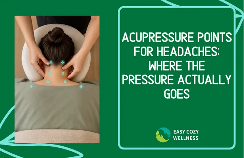 Overhead view of a client lying face down with illustrated acupressure points across the head, neck, and shoulders