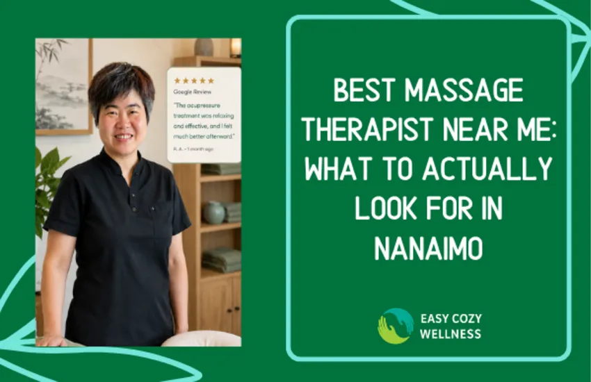 Massage therapist Lillian in a professional Nanaimo treatment room beside a five-star Google review excerpt