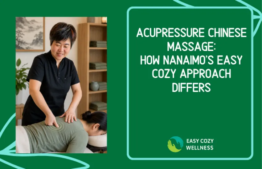 Massage therapist Lillian applying sustained thumb pressure to a prone client's upper back in a modern clinic with Chinese-inspired decor