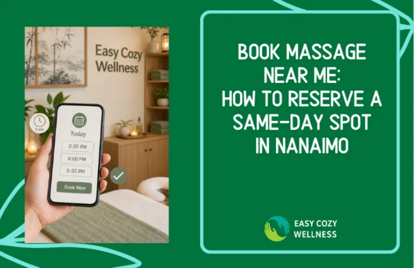 A hand holding a smartphone with same-day massage booking times in an Easy Cozy Wellness treatment room