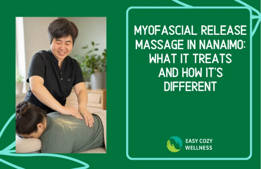 Massage therapist Lillian applying sustained broad-palm pressure to a prone client's upper back, with a subtle fascia-fibre overlay