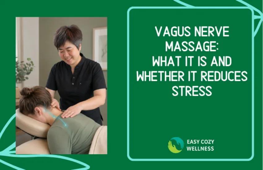 Massage therapist Lillian gently working around a prone client's upper neck and shoulders, with a conceptual vagus nerve pathway overlay