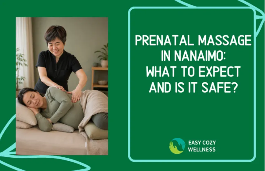 Massage therapist Lillian providing gentle upper-back massage to a pregnant client supported in a side-lying position with pillows