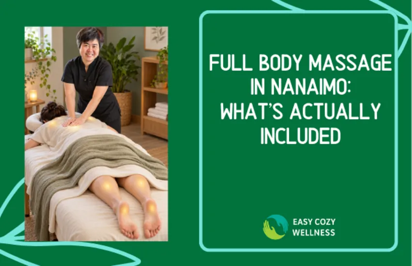 Massage therapist Lillian applying broad-palm pressure during a full-body massage, with the prone client's back, legs, and feet visible
