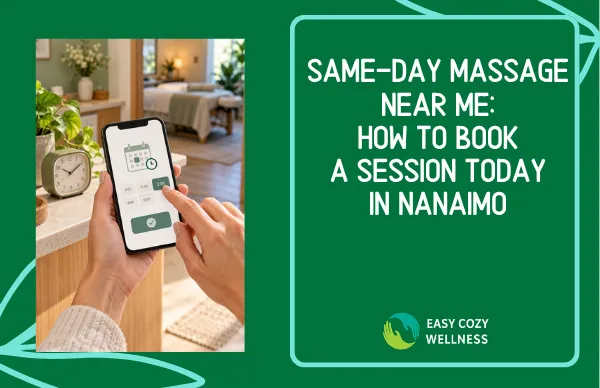 Client booking a same-day massage on a smartphone beside a clock, with a peaceful treatment room in the background