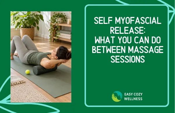 Woman using a foam roller beneath her upper back for self-myofascial release between massage sessions