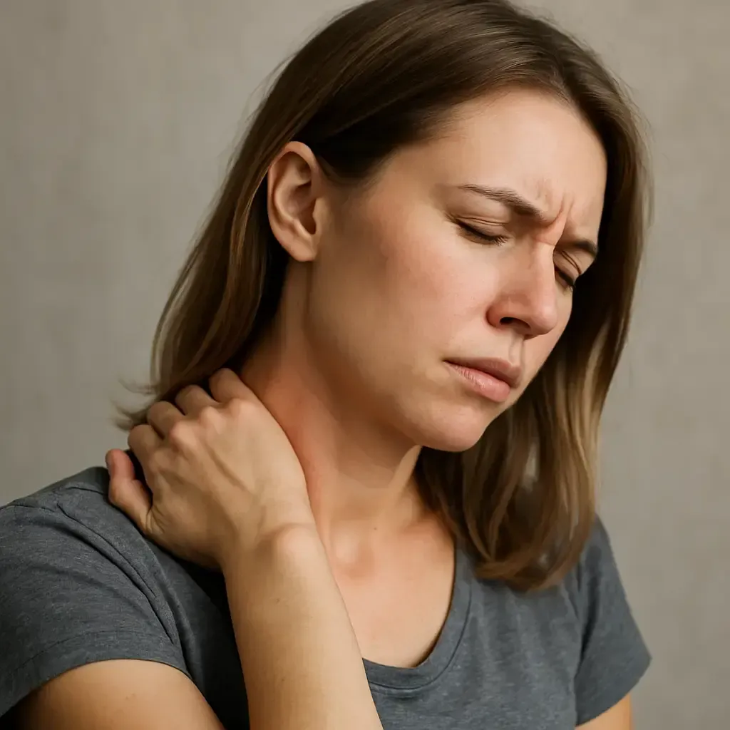 Woman holding her neck in pain, showing symptoms of neck strain and tension that may benefit from chiropractic care