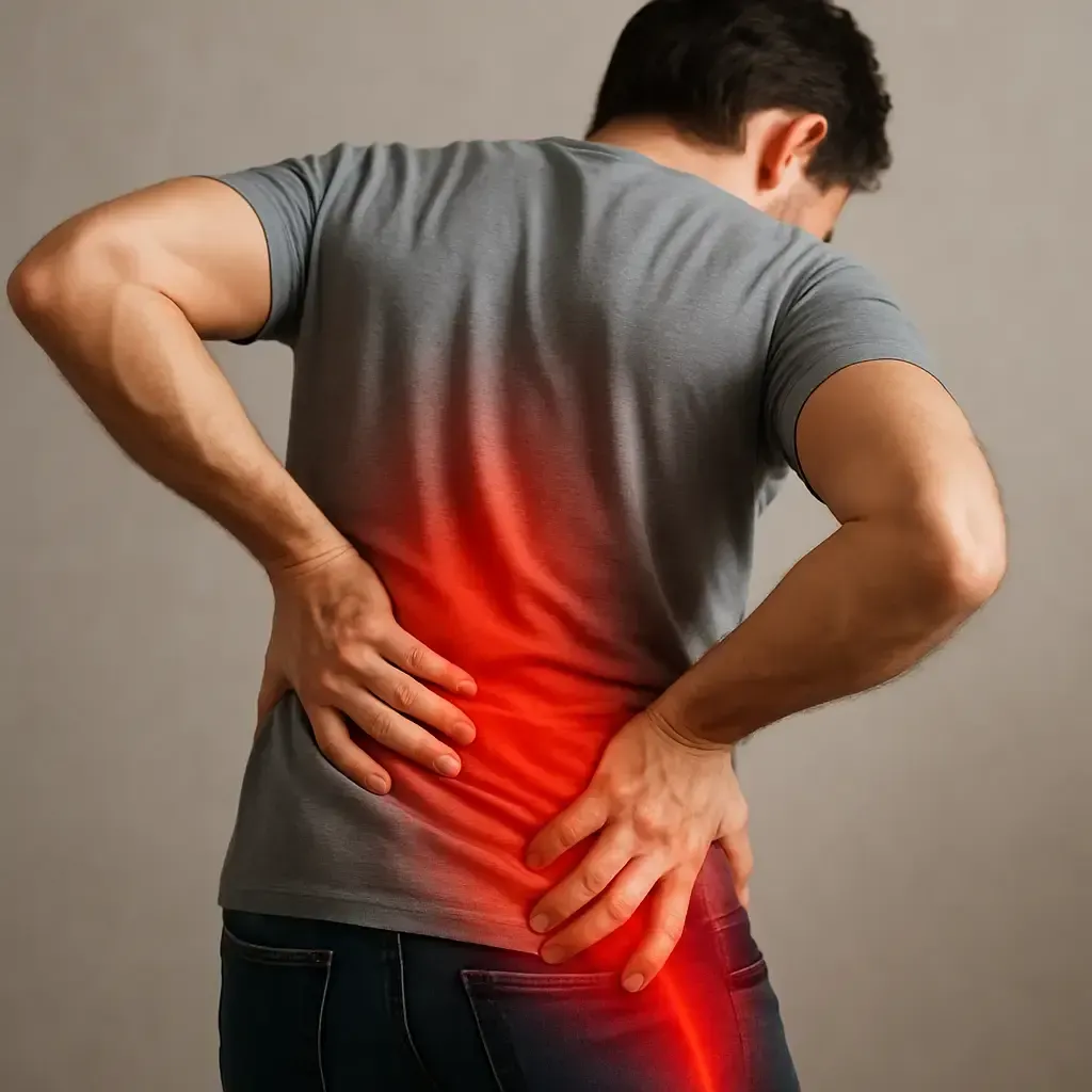 Man holding his lower back and hip in pain, showing symptoms of sciatica and nerve pain