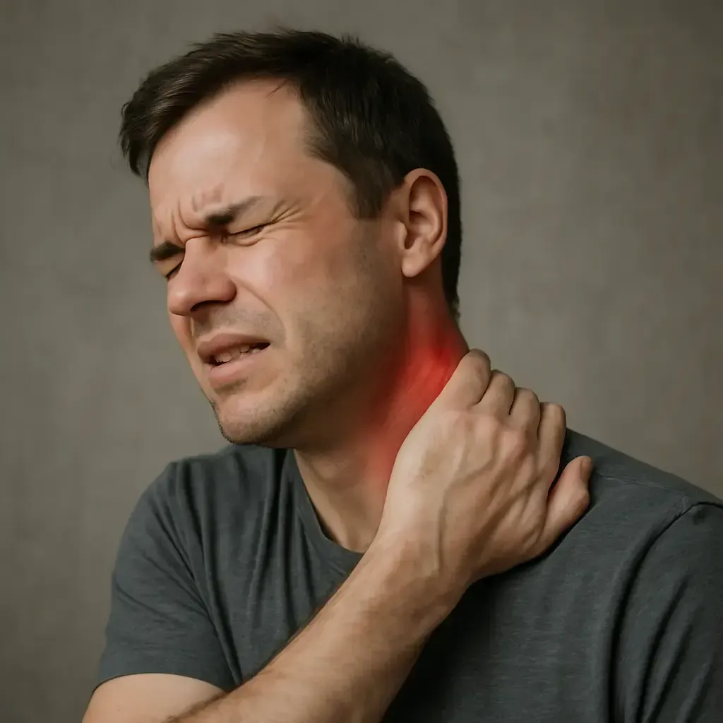 Man holding his neck in pain, showing symptoms of neck strain and tension that may benefit from chiropractic care
