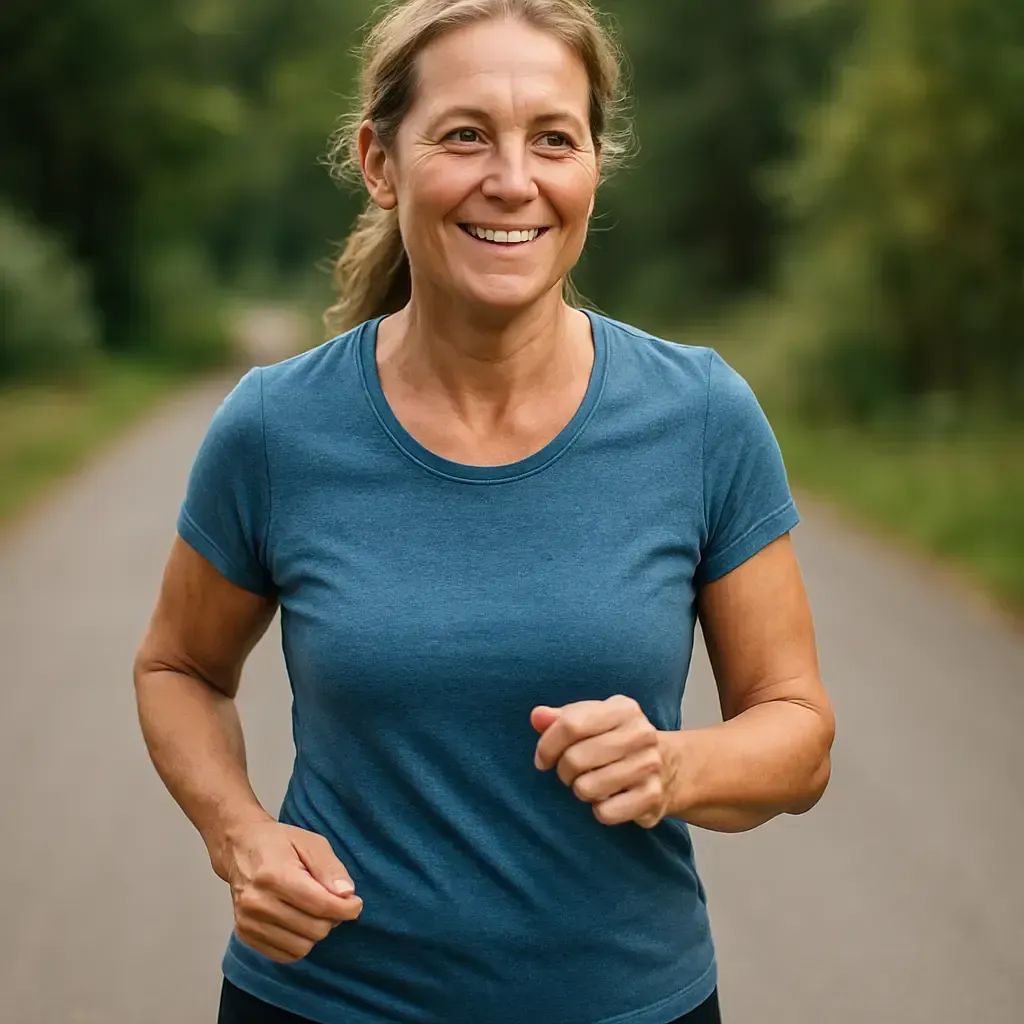Smiling active woman jogging outdoors, representing healthy lifestyle and chiropractic wellness care