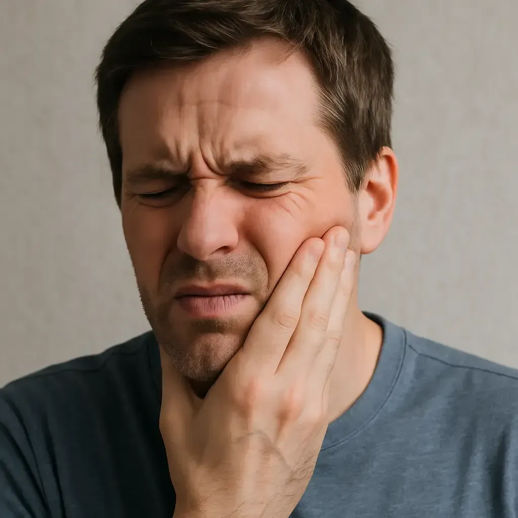 Man holding his jaw in pain from TMJ discomfort that may benefit from chiropractic care