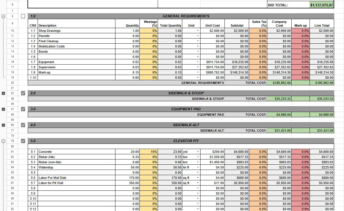 Cost breakdown spreadsheet.