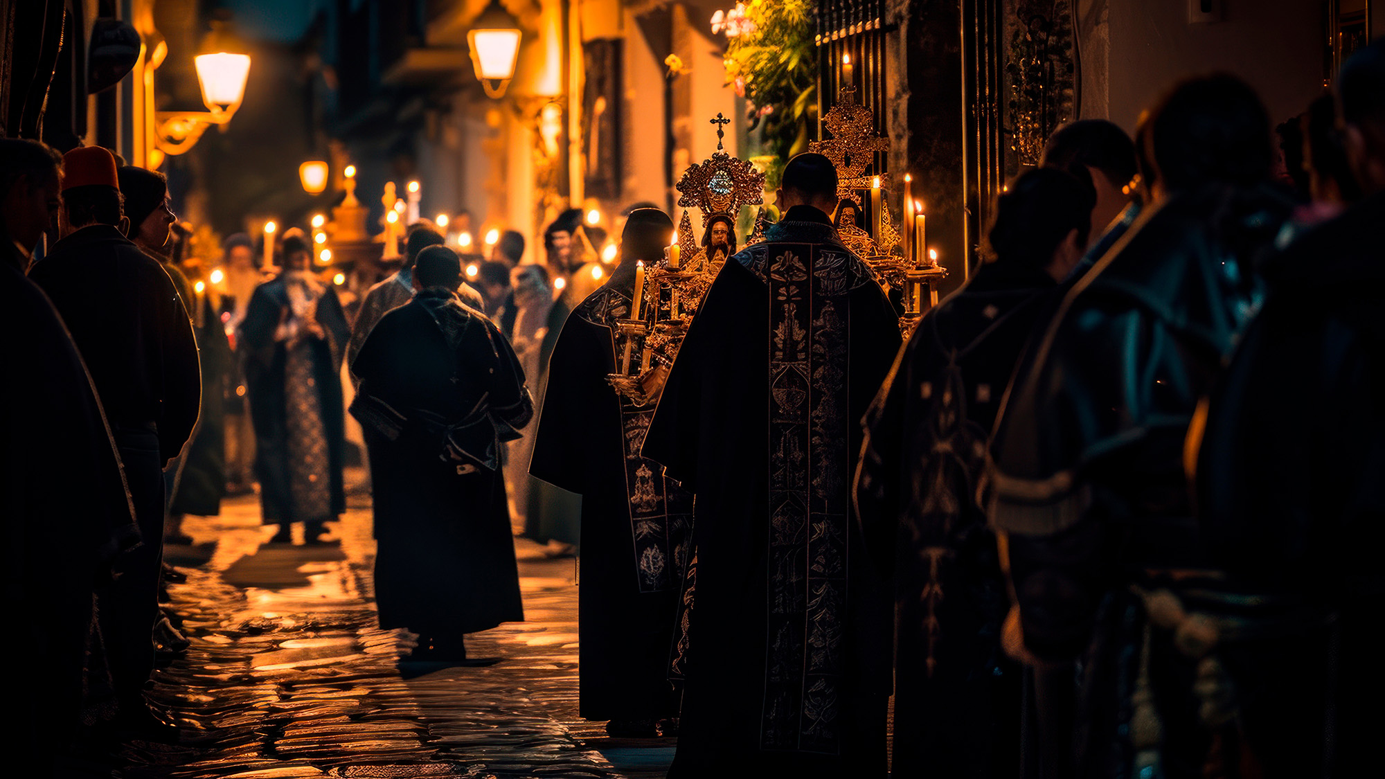Religious procession during Holy Week in Seville on a candlelit street at night