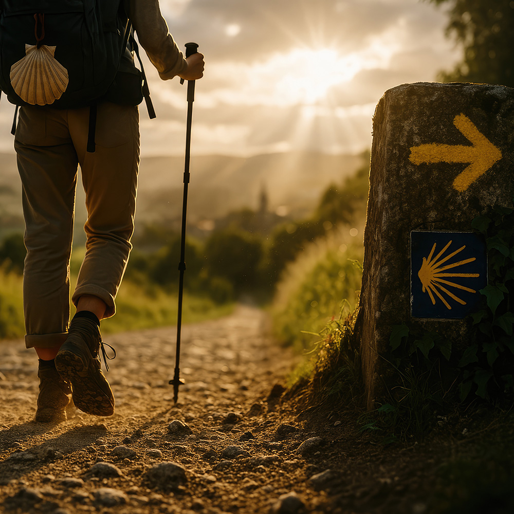 Pilgrim with walking poles on a stony Camino path beside a yellow waymarker in evening light
