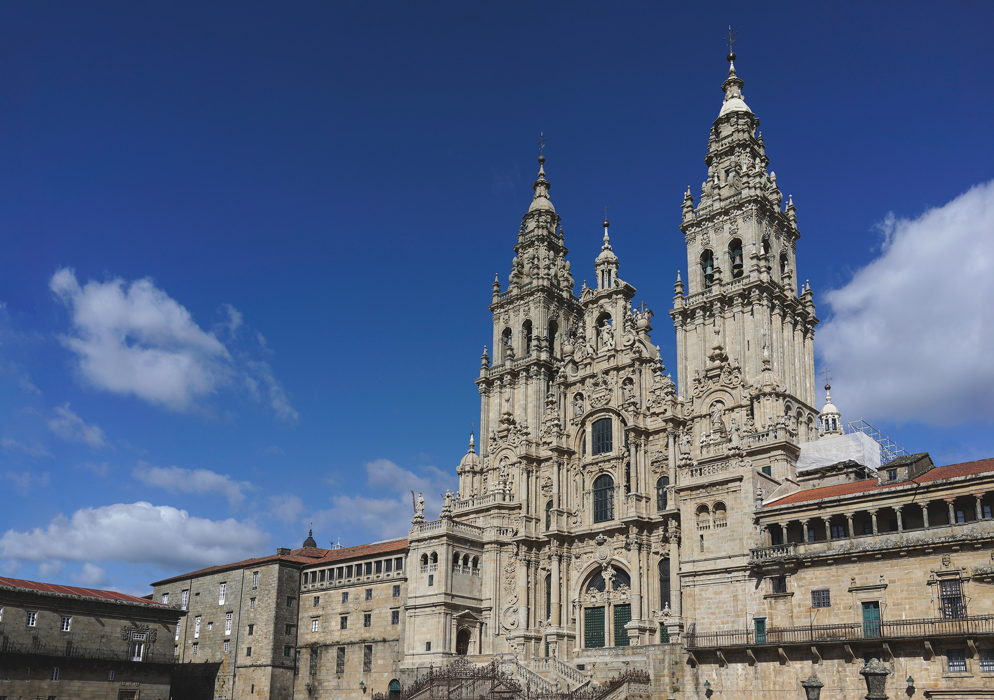 Façade of Santiago de Compostela Cathedral beneath a blue sky