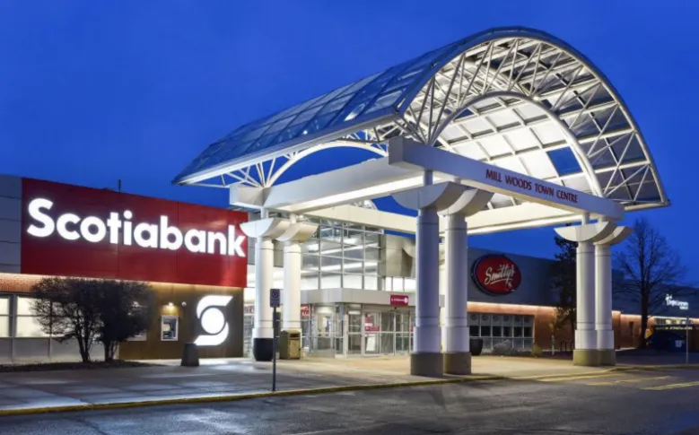 Exterior view of commercial building shopping centre with Scotiabank sign"