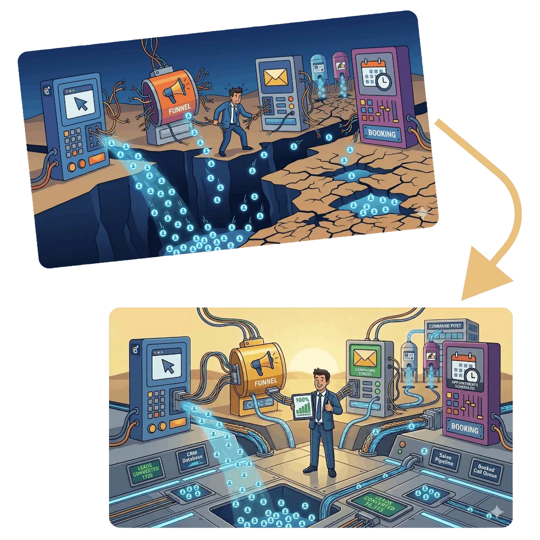 A comparison of a coach overwhelmed by disconnected tools — website, funnel, email platform, and booking system all working separately, causing clients to slip through the cracks versus a fully booked coach because of a fully connected coaching ecosystem — website, funnel, email platform, and booking system working together seamlessly as one complete system