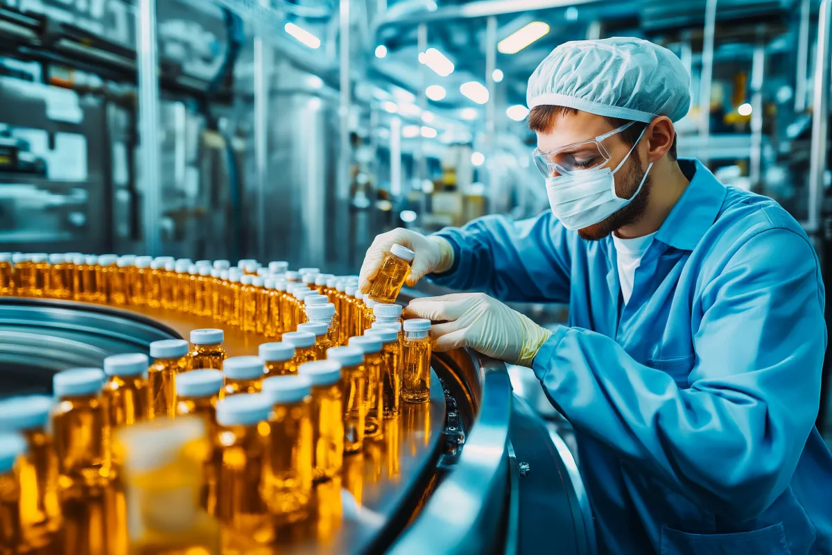 Pharmaceutical technician inspecting private prescription medication bottles in a UK-regulated sterile manufacturing facility.