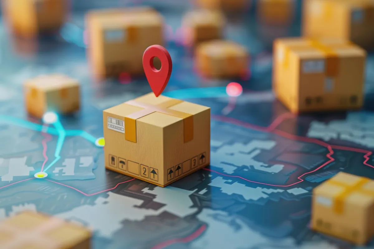 Cardboard packages with location pin on a digital map — pharmacy product delivery and real-time order tracking.