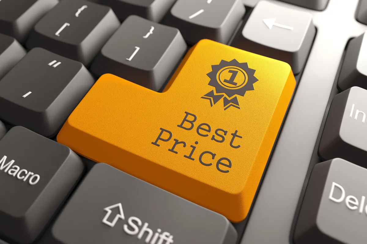 Close-up of a keyboard with an orange "Best Price" button — highlighting affordable online pharmacy deals and savings.