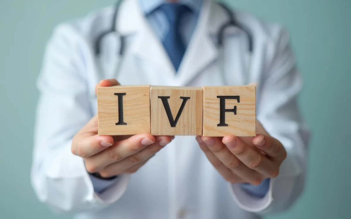 Doctor holding wooden blocks spelling IVF — affordable fertility treatment and private IVF medication support from UK pharmacy.