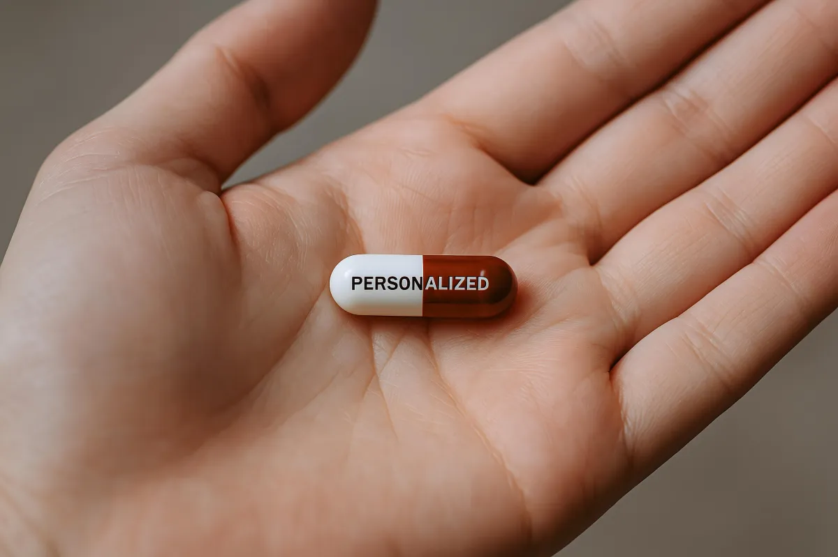 A personalised prescription capsule representing tailored medication sourcing and cost-saving services for UK patients