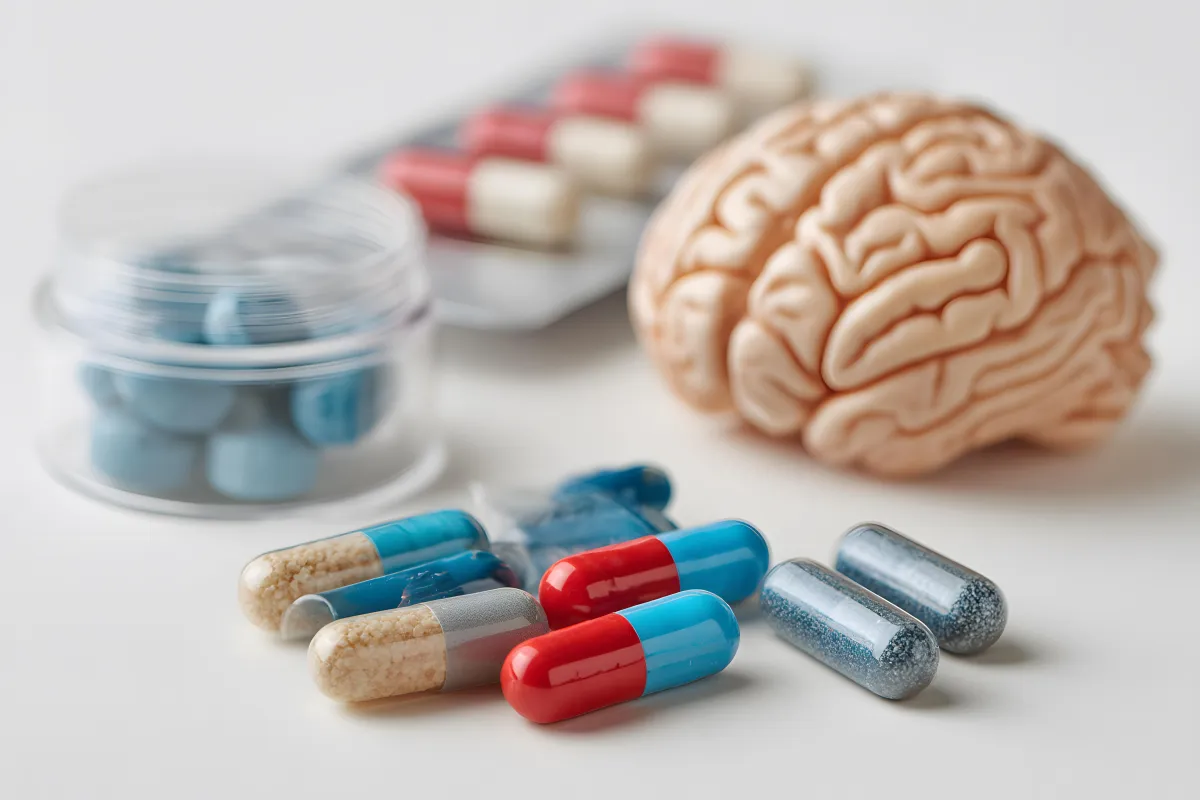 Selection of capsules and tablets placed beside a brain model, representing personalised medication options for mental health support in the UK