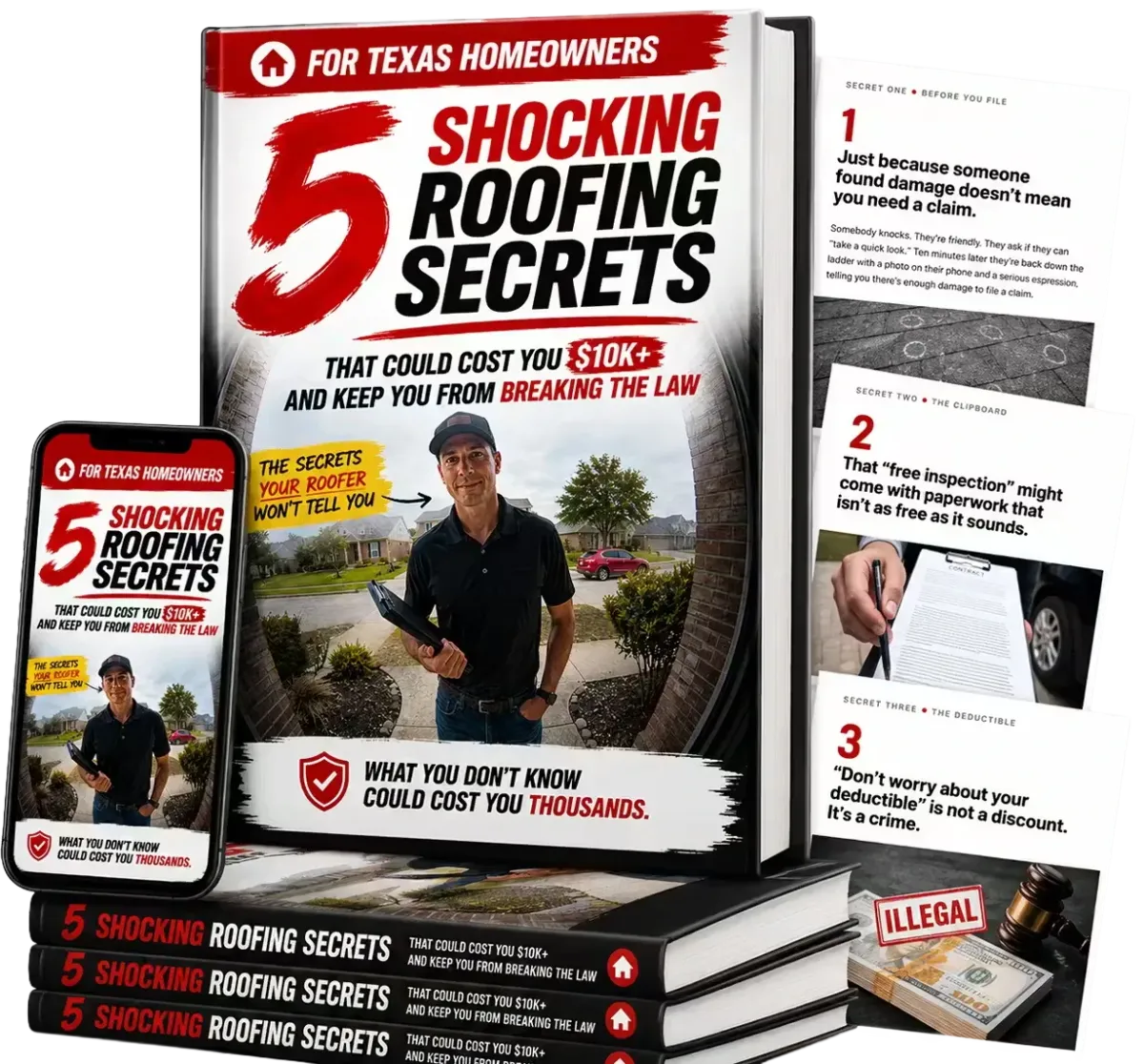 3D product mockup of a guide titled '5 Shocking Roofing Secrets'