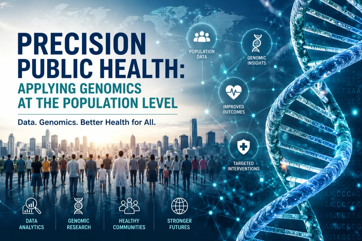 Illustration of a large DNA double helix connected to digital health networks and a diverse population, symbolizing the use of genomics, data analytics, and precision public health to improve disease prevention and population health outcomes.