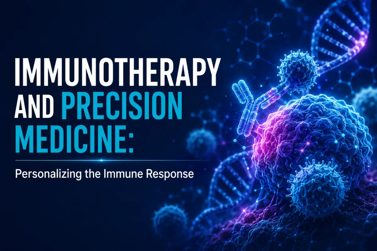 Cover image for 'Immunotherapy and Precision Medicine: Personalizing the Immune Response' featuring a DNA helix, immune cells, and antibodies in a futuristic blue-toned medical illustration representing precision oncology and personalized cancer immunotherapy.